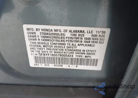 2007 Honda Pilot Ex-L z USA, uszkodzony, nr VIN 5FNYF18557B005424